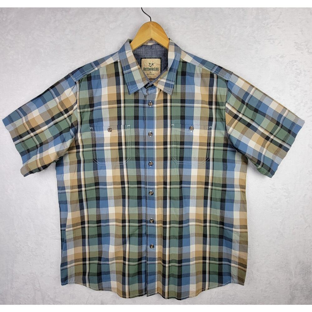 Outdoors Life XL Shirt Short Sleeves Pockets Button Plaid Preppy Office Casual